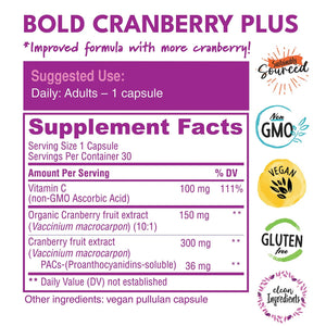 Bold Cranberry Plus Capsules - 100% Soluble 36mg PACs - Cranberry Pills for Women & Men with Urinary Tract Support, Non-GMO Vitamin C β 30 Vegan Capsules, 1 Month Supply Bold BotanicaBuy Supplements Australia