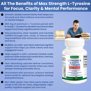 Max Strength L Tyrosine Supplement & N Acetyl L Tyrosine Peak Focus, Alertness, Concentration, Body & Mind Energy. L-Tyrosine 850mg Per 1 Capsule. A Well-Being Nutrient Boost For Performance BioWisdom NutraceuticalsΒ buy supplements Au