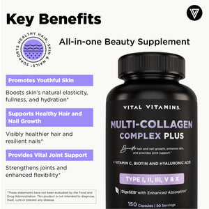 Vital Vitamins Multi Collagen Complex Plus - with Biotin, Hyaluronic Acid, Vitamin C - Type I, II, III, V, X - for Women & Men - Hair, Skin, Nails Beauty Complex - 150 Capsules Vital Vitamins buy supplements Au
