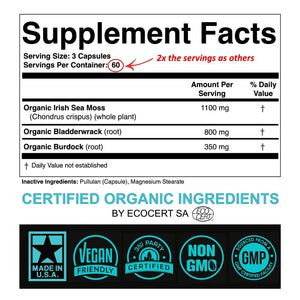 SPARTIS Certified Organic Sea Moss Capsules 2250mg Wildcrafted Irish Sea Moss Burdock Root Bladderwrack Supplement Raw Seamoss Pills & Powder (Pack of 1 at 180-Caps) SPARTISBuy Supplements Australia