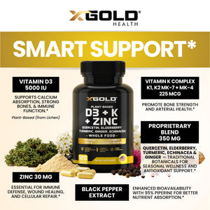 Vitamin D, K2, K1, Zinc, Quercetin, Elderberry, Turmeric, Ginger & Echinacea Whole Food Supplement 8 in 1- D3 5000 IU Plant-Based from Lichen, Vitamin K (K2 MK7, MK4, K1), D3 K2 Vitamins -120 Capsules X Gold Health buy supplements Au