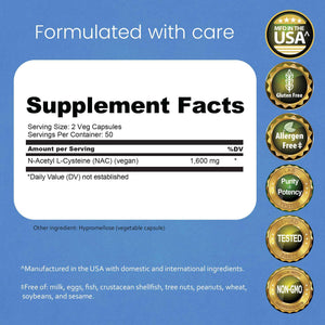 NaturaLife Labs N-Acetyl-L-Cysteine (NAC) 1600 mg ā 100 Capsules, Non-GMO & Gluten-Free (2 Pack) (2)