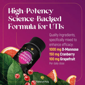 Natural Pick D-Mannose - Cranberry & Grapefruit β Cranberry Pills, UTI Treatment and Fast Relief for Women | Urinary Tract & Bladder Support. 90 Vegan Capsules, D mannose Supplements for Women Natural PickBuy Supplements Australia