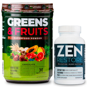 Two health products: a superfood powder container labeled 'Greens & Fruits' and a supplement bottle labeled 'Zen Restore' on a white background.