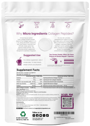Micro Ingredients Multi Collagen Peptides Powder, 1lb β Hydrolyzed Type I,II,III,V,X with Biotin, Hyaluronic Acid, Vitamin C β Unflavored Collagen