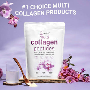 Micro Ingredients Multi Collagen Peptides Powder, 1lb β Hydrolyzed Type I,II,III,V,X with Biotin, Hyaluronic Acid, Vitamin C β Unflavored Collagen