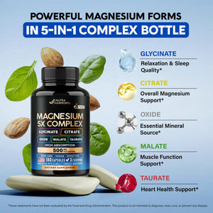Magnesium Supplement - 5 in 1 Complex | Glycinate | Citrate | Malate | Taurate | Oxide - Made in USA - Stress, Muscle & Heart Support - Vegan, Natural, Non-GMO - 180 Capsules, 2 Month Supply NUTRAHARMONY buy supplements Au