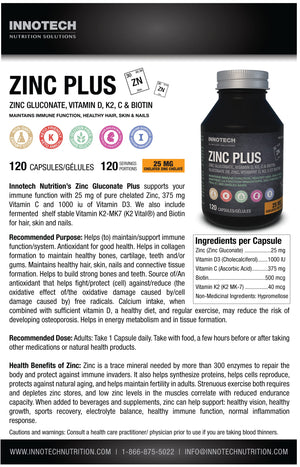 Innotech Nutrition Zinc Plus Immune Hair Skin & Nails Support Chelated Zinc Vitamin D3 & Biotin 120 Vegan Capsules Innotech Nutrition Solutions buy supplements Au