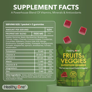 Fruits & Veggies Sugar-Free Gummies - 27 Whole Foods - Equals 3 Servings of Fruits & Vegetables - Improve Energy, Focus & Immune Function - Fiber - Antioxidants - Organic Ingredients - 14 Packets Healthy OneΒ buy supplements Au