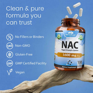 NaturaLife Labs N-Acetyl-L-Cysteine (NAC) 1600 mg ā 100 Capsules, Non-GMO & Gluten-Free (2 Pack) (2)