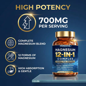 Puravita 12 in 1 Magnesium Complex Capsules - 700mg High Absorption Blend with Glycinate, Citrate, Malate, Oxide & Taurate. Supports Muscle Function, Nerve Health & Relaxation - 120 Capsules (1) PURAVITA buy supplements Au