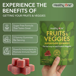 Fruits & Veggies Sugar-Free Gummies - 27 Whole Foods - Equals 3 Servings of Fruits & Vegetables - Improve Energy, Focus & Immune Function - Fiber - Antioxidants - Organic Ingredients - 14 Packets Healthy OneΒ buy supplements Au