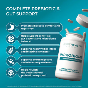 PUREHEALTH Research Improbiome - Prebiotic Fiber - Natural Support for Healthy Gut Prebiotics - Digestive Nutritional Supplements - with Jerusalem Artichoke, Apple Pectin & More - 90 Capsules PUREHEALTH RESEARCHBuy Supplements Australia