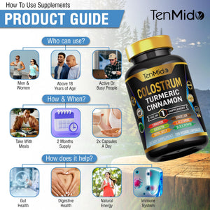 Tenmido Colostrum Supplement - 8in1 Formula - Combine with Turmeric, Ceylon Cinnamon, Quercetin, Royal Jelly, Dandelion, L- Glutamine, and Black Pepper - Digestive Health Support - 120 Capsules TenmidoBuy Supplements Australia