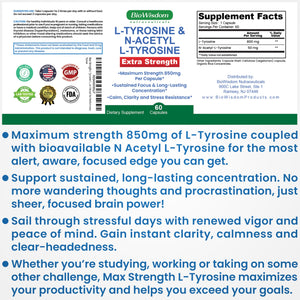 Max Strength L Tyrosine Supplement & N Acetyl L Tyrosine Peak Focus, Alertness, Concentration, Body & Mind Energy. L-Tyrosine 850mg Per 1 Capsule. A Well-Being Nutrient Boost For Performance BioWisdom NutraceuticalsΒ buy supplements Au
