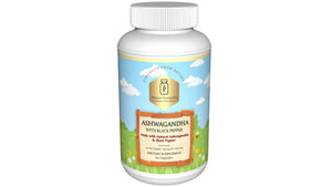 Supplement bottle labeled 'Ashwagandha' on a white background