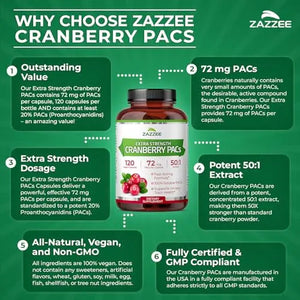 Zazzee Cranberry PACs, 72 mg PACs per Capsule, 2X Strength, 100% Soluble, 120 Vegan Capsules, 50:1 Extract, 18,200 mg Strength, Fast-Acting, Effective Urinary Tract Support, Made in The USA ZazzeeBuy Supplements Australia