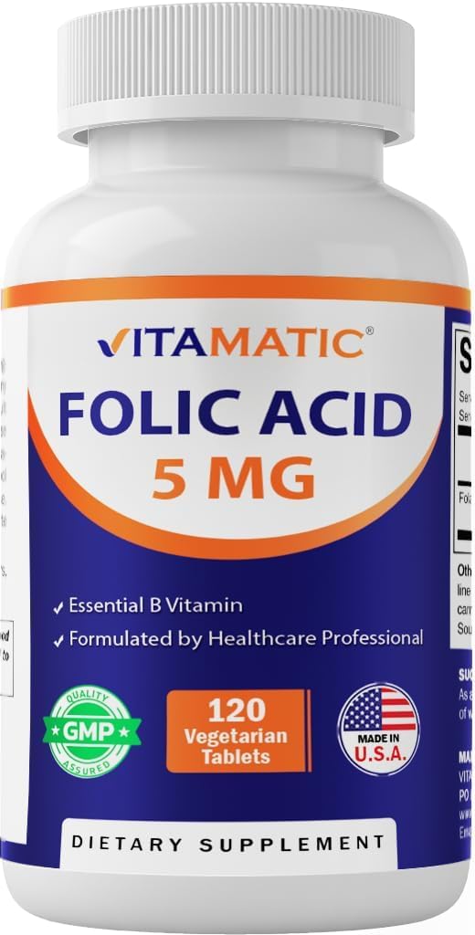 Vitamatic Folic Acid 5mg (5000 mcg) - 120 Vegetarian Tablets High Potency Vitamin B9 (Folate) for Cellular Health