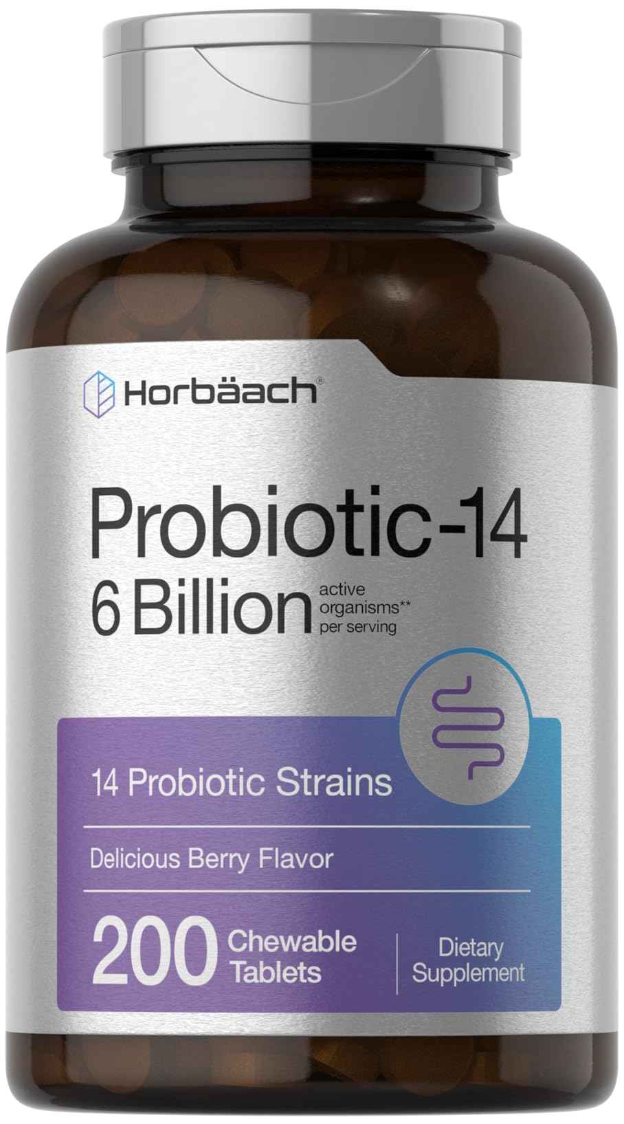 Horbäach Probiotics 6 Billion CFUs | 200 Chewable Tablets | Berry Flavor | 14 Probiotic Strains | Vegetarian, Non-GMO & Gluten Free Supplement for Men & Women