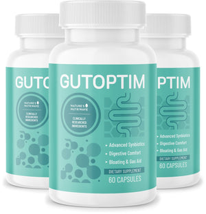 Three bottles of Gutoptim dietary supplement with a white background