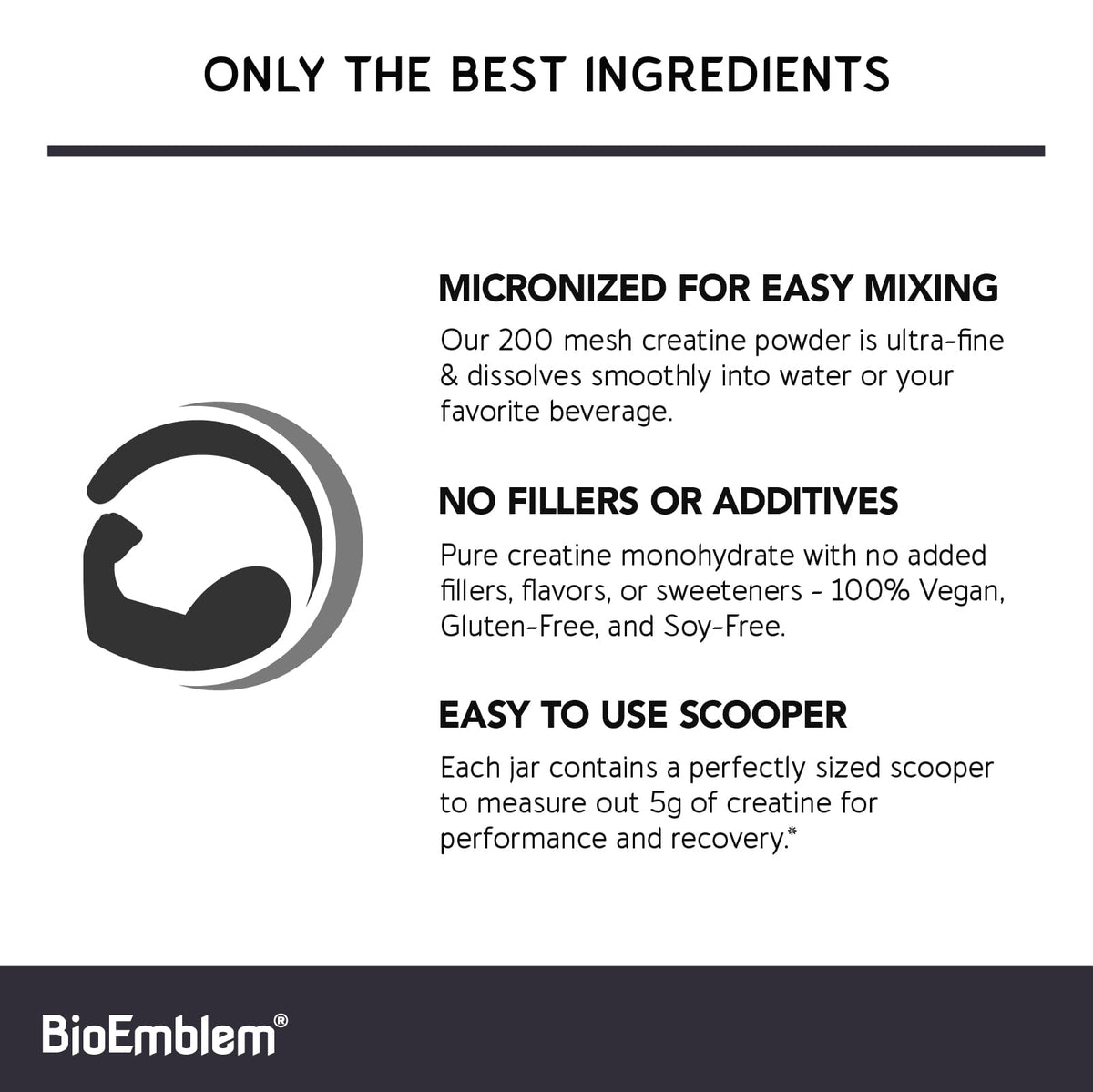 BioEmblem Creatine Monohydrate Powder - Unflavored Micronized Creatine Easily Mixes - Muscle Strength, Workout Recovery, Exercise Performance
