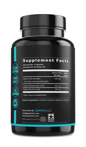 SPARTIS Certified Organic Sea Moss Capsules 2250mg Wildcrafted Irish Sea Moss Burdock Root Bladderwrack Supplement Raw Seamoss Pills & Powder (Pack of 1 at 180-Caps) SPARTISBuy Supplements Australia