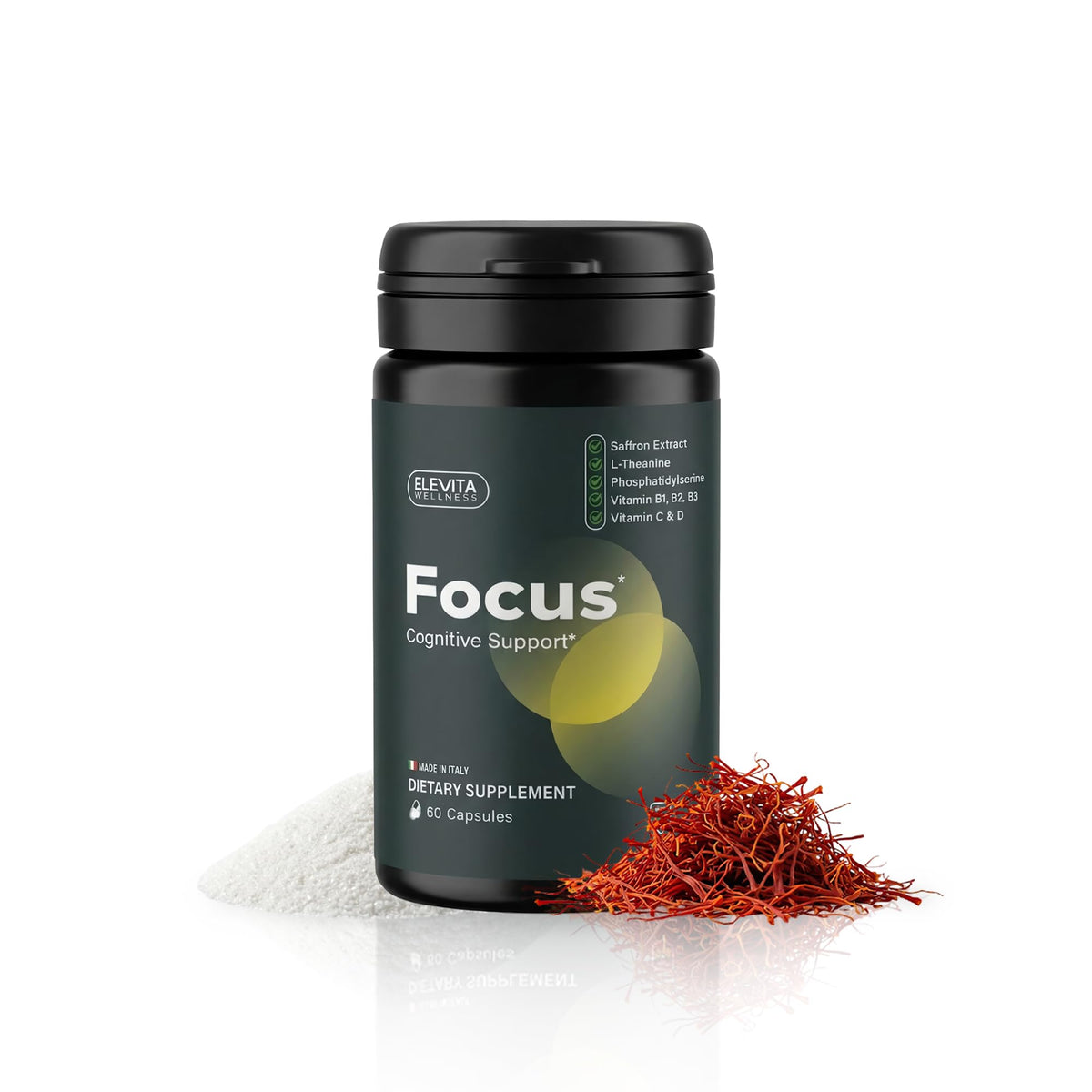 ELEVITA WELLNESS Focus Supplement (Made in Italy) - Premium Blend with L-Theanine, Lion's Mane & B Vitamins, Saffron and Vitamin D - Focus & Cognitive Support for Men & Women