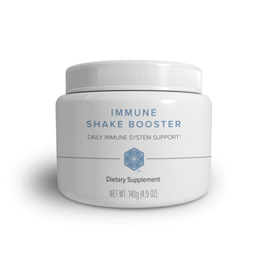 White container of immune shake booster dietary supplement on a white background