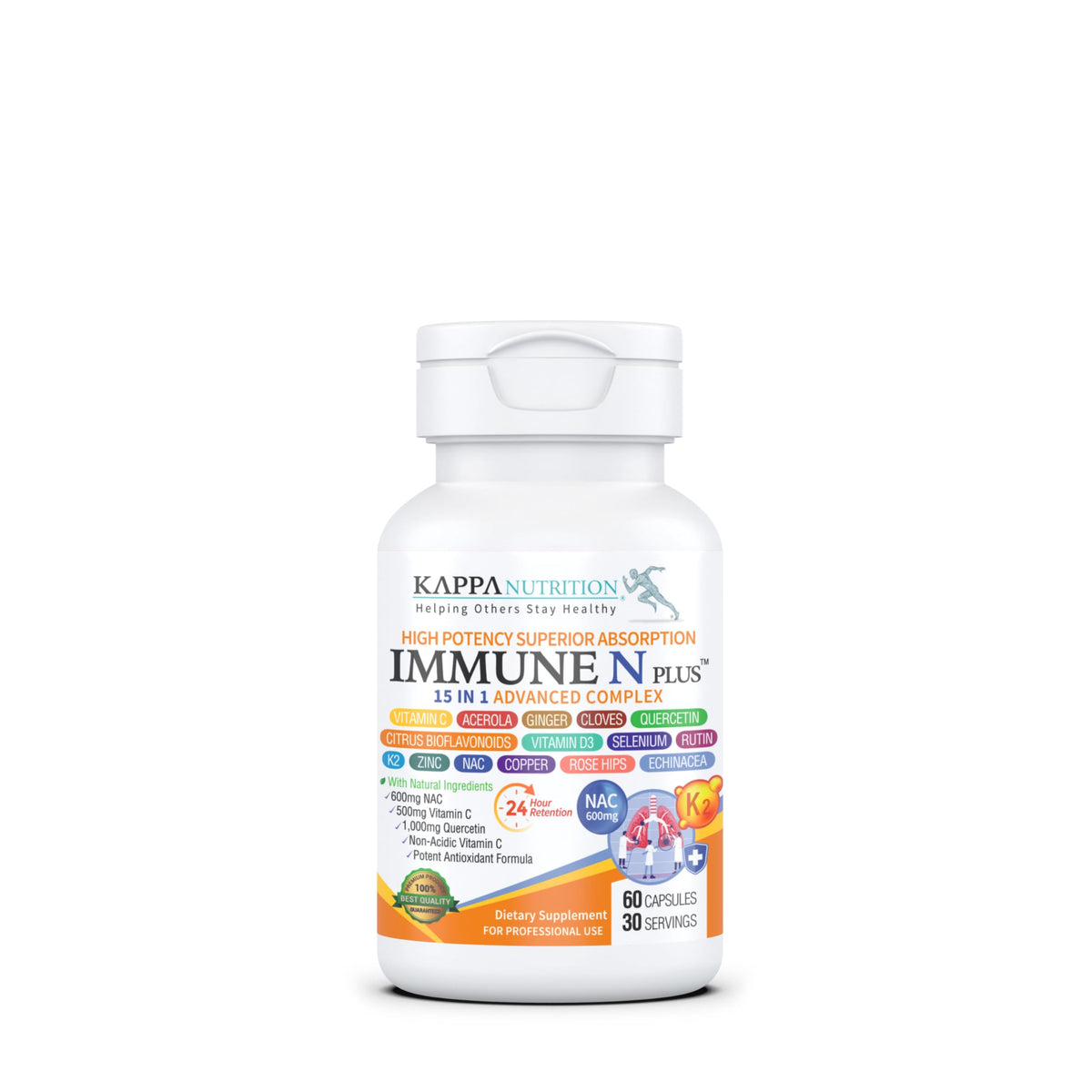 (60 Capsules), NAC 600mg, Quercetin 1,000mg, Vitamin C 500mg, Zinc 50mg, Vitamin D3 5,000iu, Selenium, Copper, Acerola, Ginger, Rutin, Citrus Bioflavonoids, Rose Hips, Echinacea, Immune N Plus 15 in 1 KAPPA NUTRITIONBuy Supplements Australia