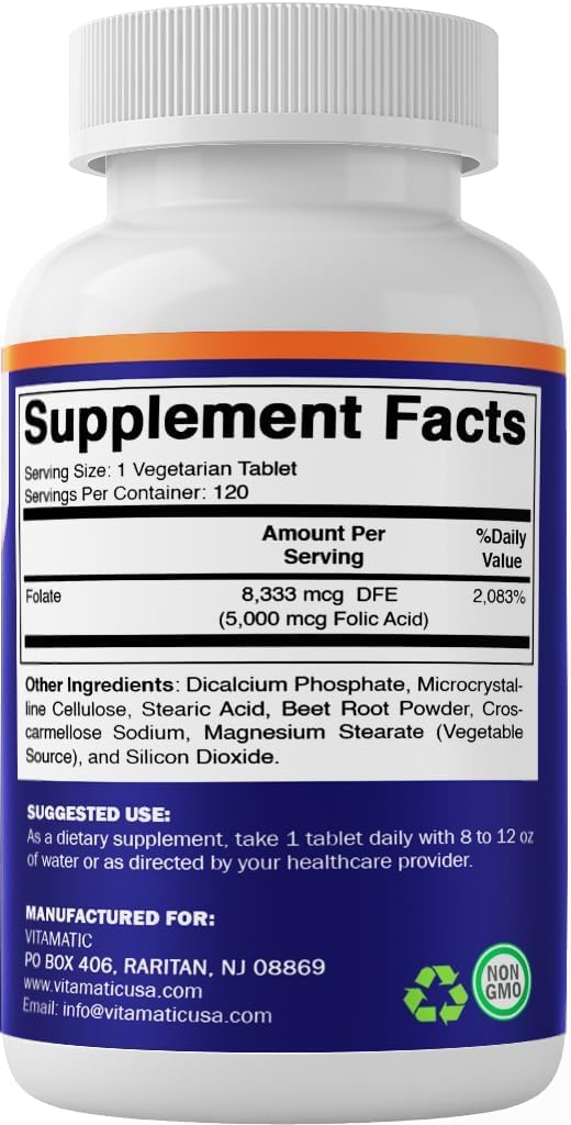 Vitamatic Folic Acid 5mg (5000 mcg) - 120 Vegetarian Tablets High Potency Vitamin B9 (Folate) for Cellular Health