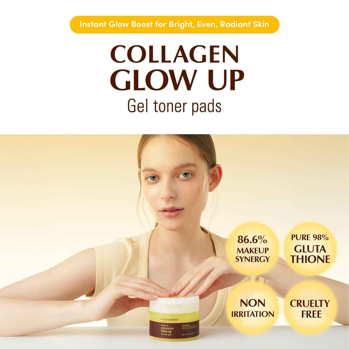 EQQUALBERRY Collagen Glow Up Gel Toner Pads – Brightening Korean Jelly Pad with Deep Absorption Collagen, Hydrating & Glow-Boosting Formula,