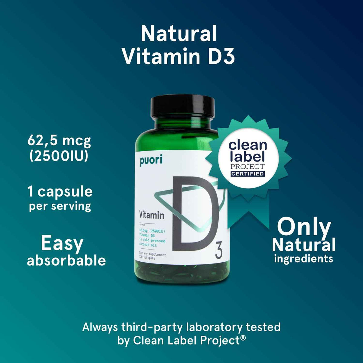 Puori Vitamin D3 Softgels, 2500 IU (62.5 mcg) - Fast Absorbing Vitamin D3 Supplements for Immune System Support, Bone Health & Density and Healthy Muscle Functions - Non-GMO & Gluten-Free - 120 Count
