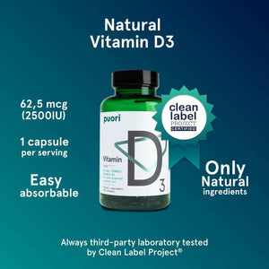 Puori Vitamin D3 Softgels, 2500 IU (62.5 mcg) - Fast Absorbing Vitamin D3 Supplements for Immune System Support, Bone Health & Density and Healthy Muscle Functions - Non-GMO & Gluten-Free - 120 Count