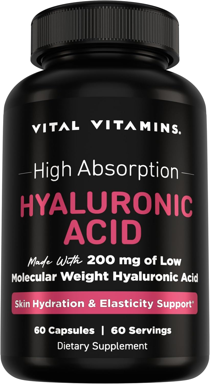Vital Vitamins Hyaluronic Acid Supplements, 60 Capsules - 200mg Low Molecular Weight HA, Supports Skin Hydration, Elasticity & Joint Comfort, Vegan & Non-GMO