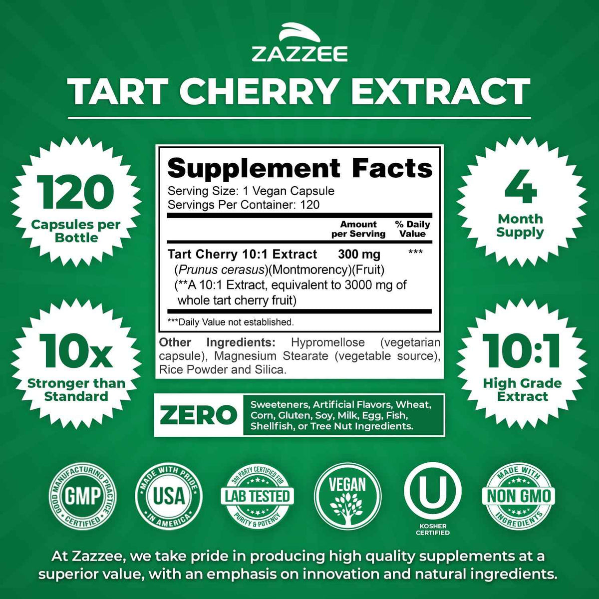 Zazzee Tart Cherry 10:1 Extract, 200 Vegan Capsules, 6+ Month Supply, Montmorency Cherry, Certified Kosher, Joint & Uric Acid Support, Antioxidant Support Formula, Non-GMO, Made in the USA