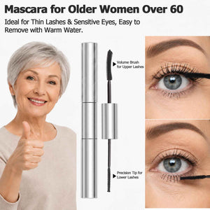 Tubing Mascara for Older Women 60 Plus, Double Ended Black Mascara, Lengthening Volumizing 2-in-1 Mascara for Short Multi-layered Lashes, Smudge Proof Easy Warm Water