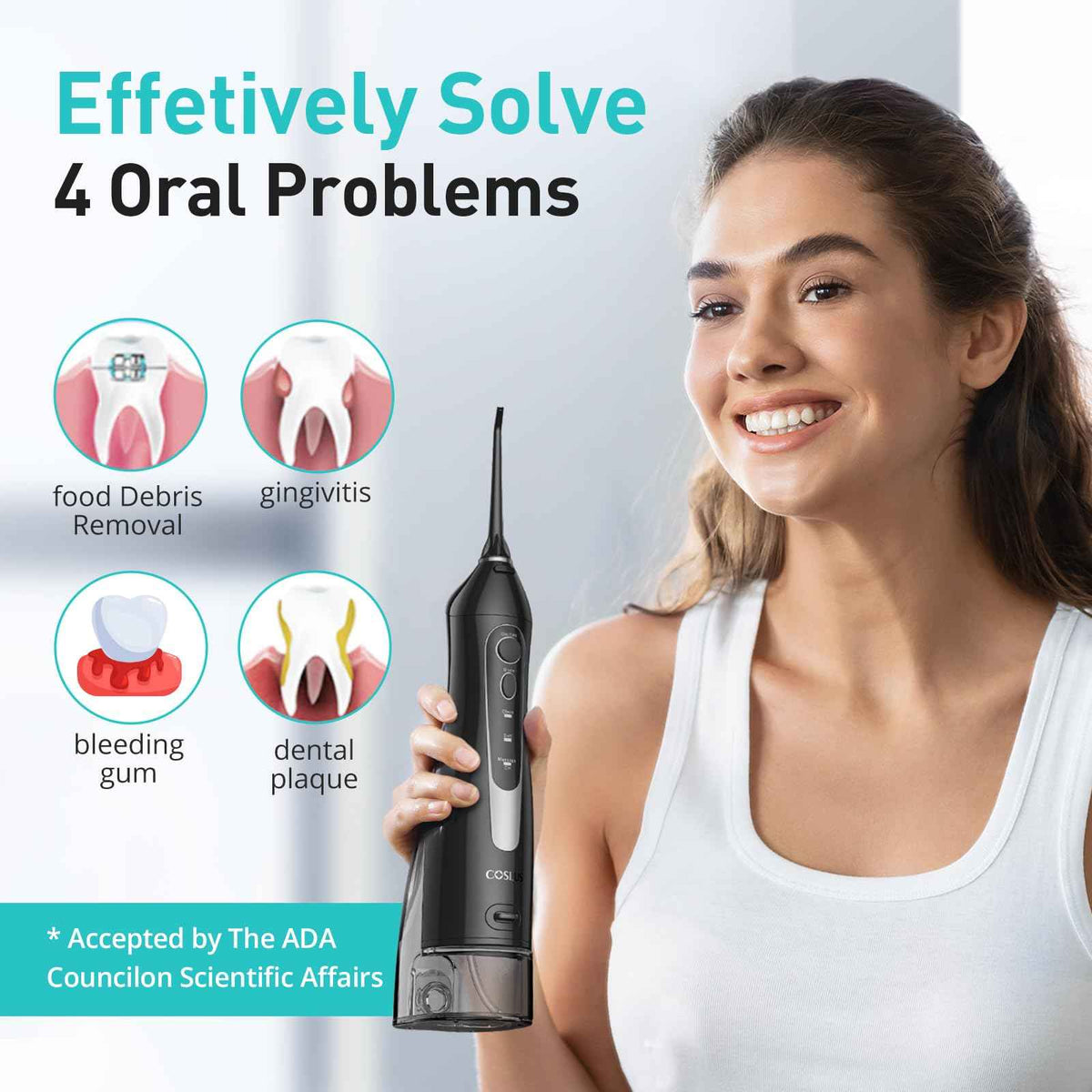 COSLUS Water Dental Flosser Teeth Pick C20: ADA Accepted, Portable Cordless Oral Irrigator 300ML Rechargeable Travel Irrigation Cleaner IPX7 Waterproof Electric