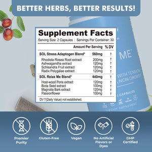 Sol Nutrition Relax Me - Natural Calming Relief for Stress, Tension, & Worry - 15x More Effective - Support Mood, Relax the Mind & Body - Supplements for Adults - Non-Drowsy - 60 Vegetarian Capsules Sol NutritionBuy Supplements Australia