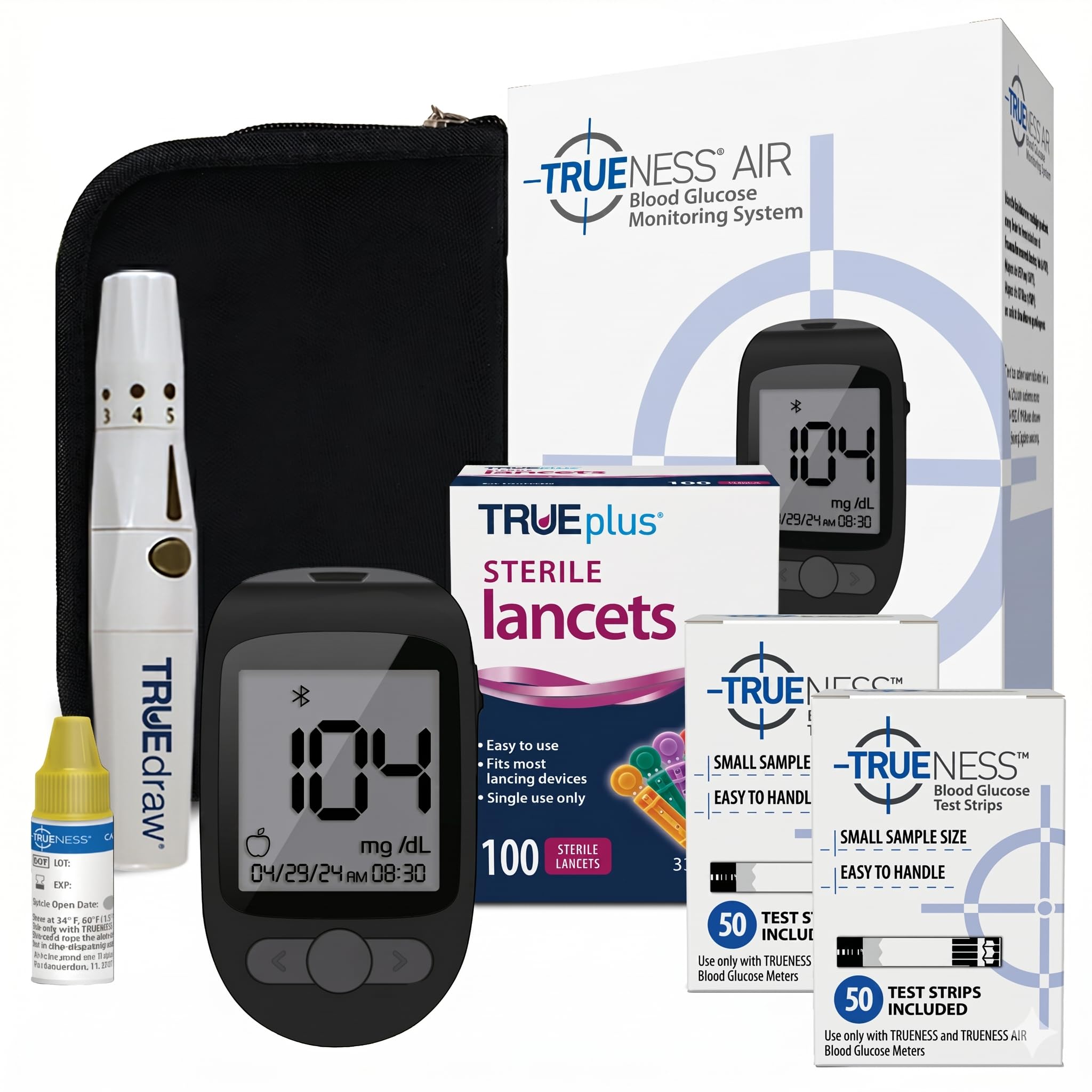 TRUENESS Blood Glucose Meter Kit with Testing Supplies - Includes Blood Glucose Monitor, Case, 100 Test Strips, 100 Lancets, Lancing Device - Fast, Easy Testing Supplies for Home Use