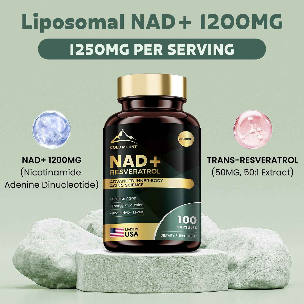 MEGNETA Liposomal NAD+ Supplement 1200mg with Trans Resveratrol - Boost NAD+ Levels, Energy & Anti-Aging Support - Vegan, 100 Capsules