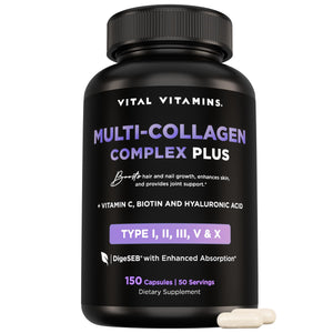 Vital Vitamins Multi Collagen Complex Plus - with Biotin, Hyaluronic Acid, Vitamin C - Type I, II, III, V, X - for Women & Men - Hair, Skin, Nails Beauty Complex - 150 Capsules Vital Vitamins buy supplements Au