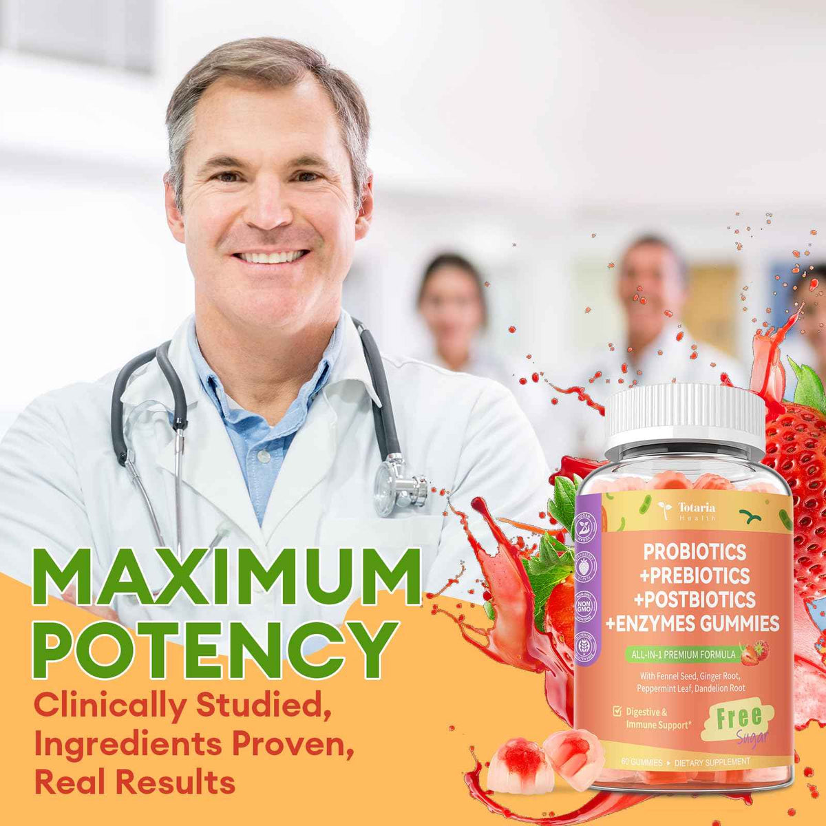 (2 Packs) Totaria Sugar Free 5-in-1 Probiotic Prebiotic Postbiotic Gummy, Probiotics for Women Men with Digestive Enzymes, Peppermint, Complete Immune, Gut & Digestive Support, Vegan Strawberry Flavor