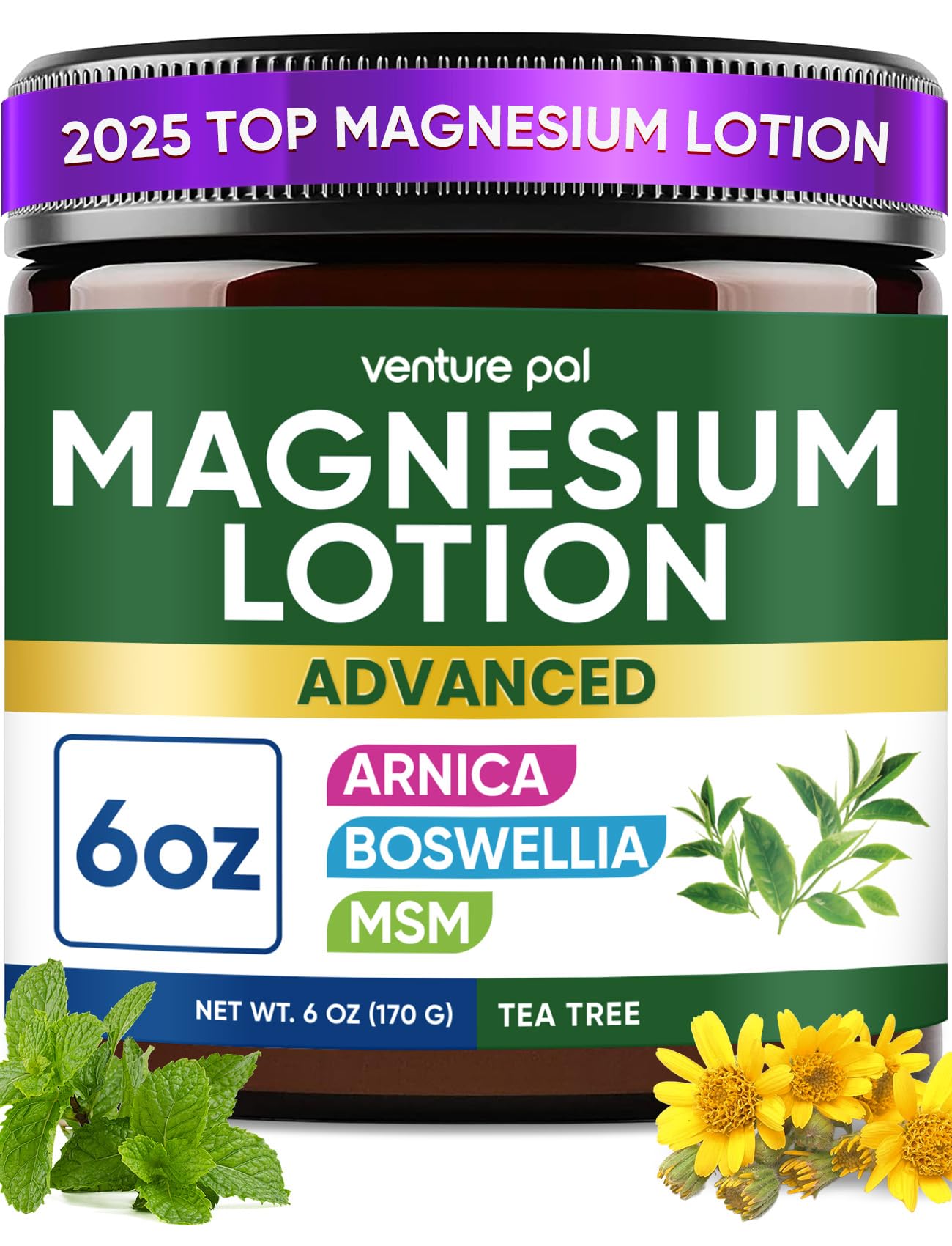 Magnesium Lotion with Arnica, MSM & Boswellia - Safe for Kids - 6 fl oz - Cooling Magnesium Cream - Lightweight Moisturizing Lotion for Legs & Feet