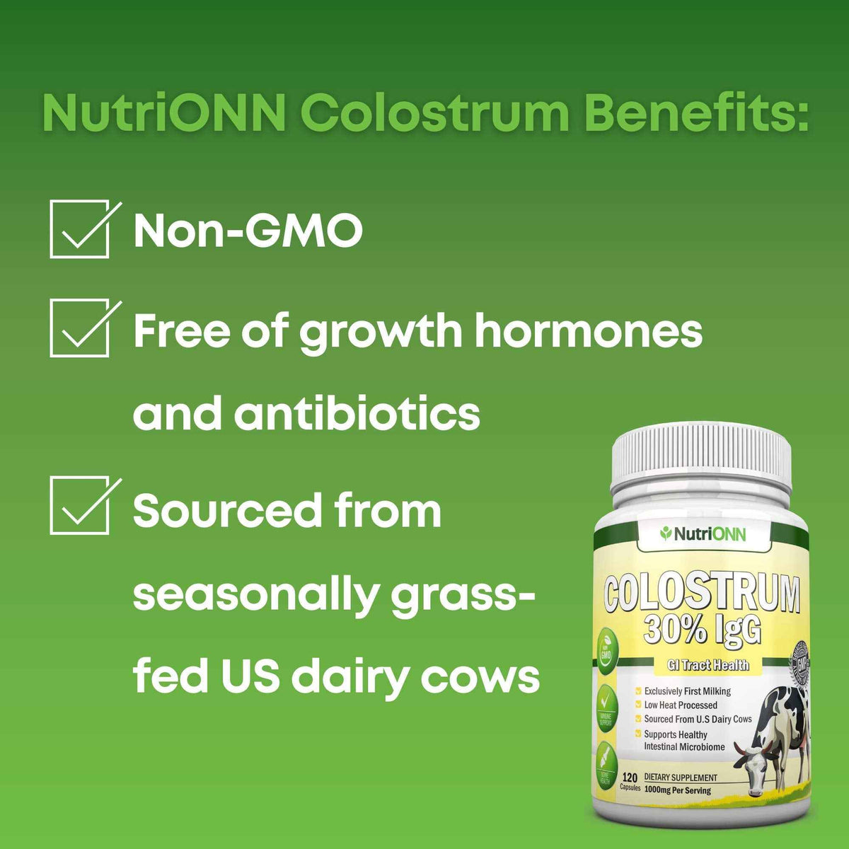 Colostrum - 1000mg - 120 Capsules - 30% IgG - Non-GMO US Dairy - First Milking Bovine Colostrum - Low Heat Processed - Great for GI Tract Health