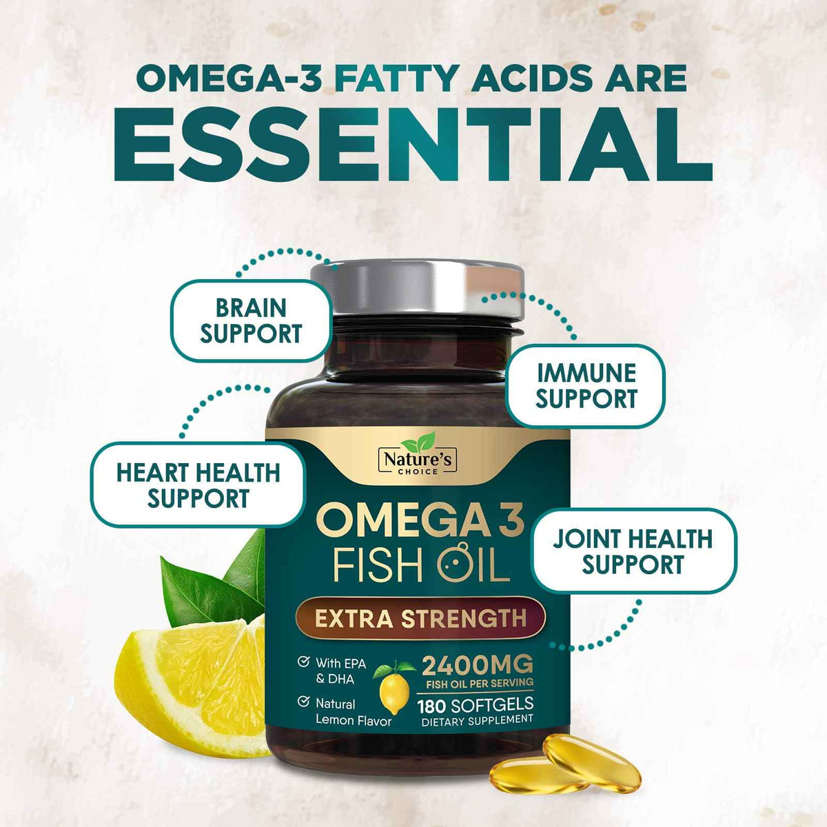 Omega 3 Fish Oil Supplements - 2400mg Fish Oil Per Serving - Triple Strength Omega-3 with Fatty Acids EPA & DHA - Natural Heart, Brain & Immune Support