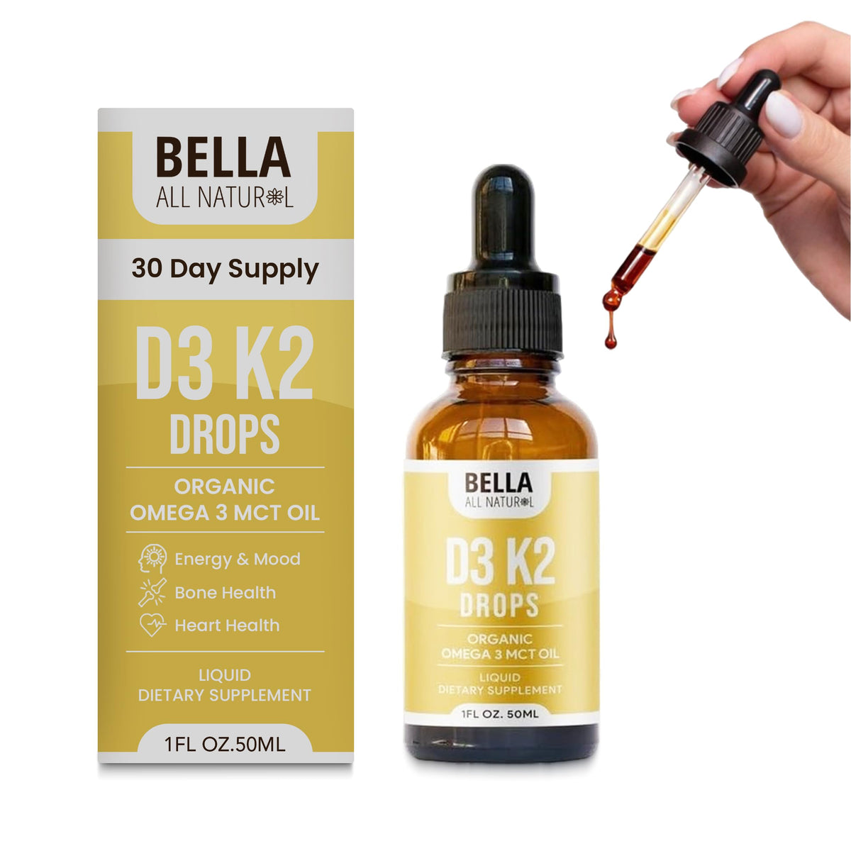 Bella All Natural Vitamin D3 K2 Liquid Drops 5000 IU (Unflavored) - Omega 3 with MCT Oil