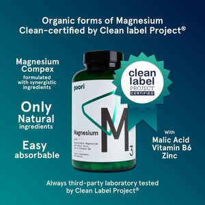 Puori Magnesium Complex Supplement - High Absorption Magnesium Taurinate & Gluconate, Zinc, Vitamin B6 & Malic Acid for Sleep Support, Immune & Bone Health & Muscle Recovery - 240 Vegan Capsules