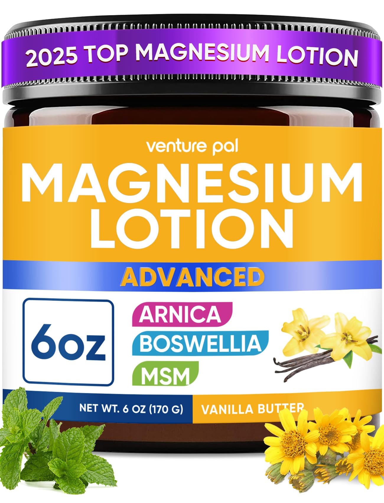 Magnesium Lotion with Arnica, MSM & Boswellia - Safe for Kids - 6 fl oz - Cooling Magnesium Cream - Lightweight Moisturizing Lotion for Legs & Feet
