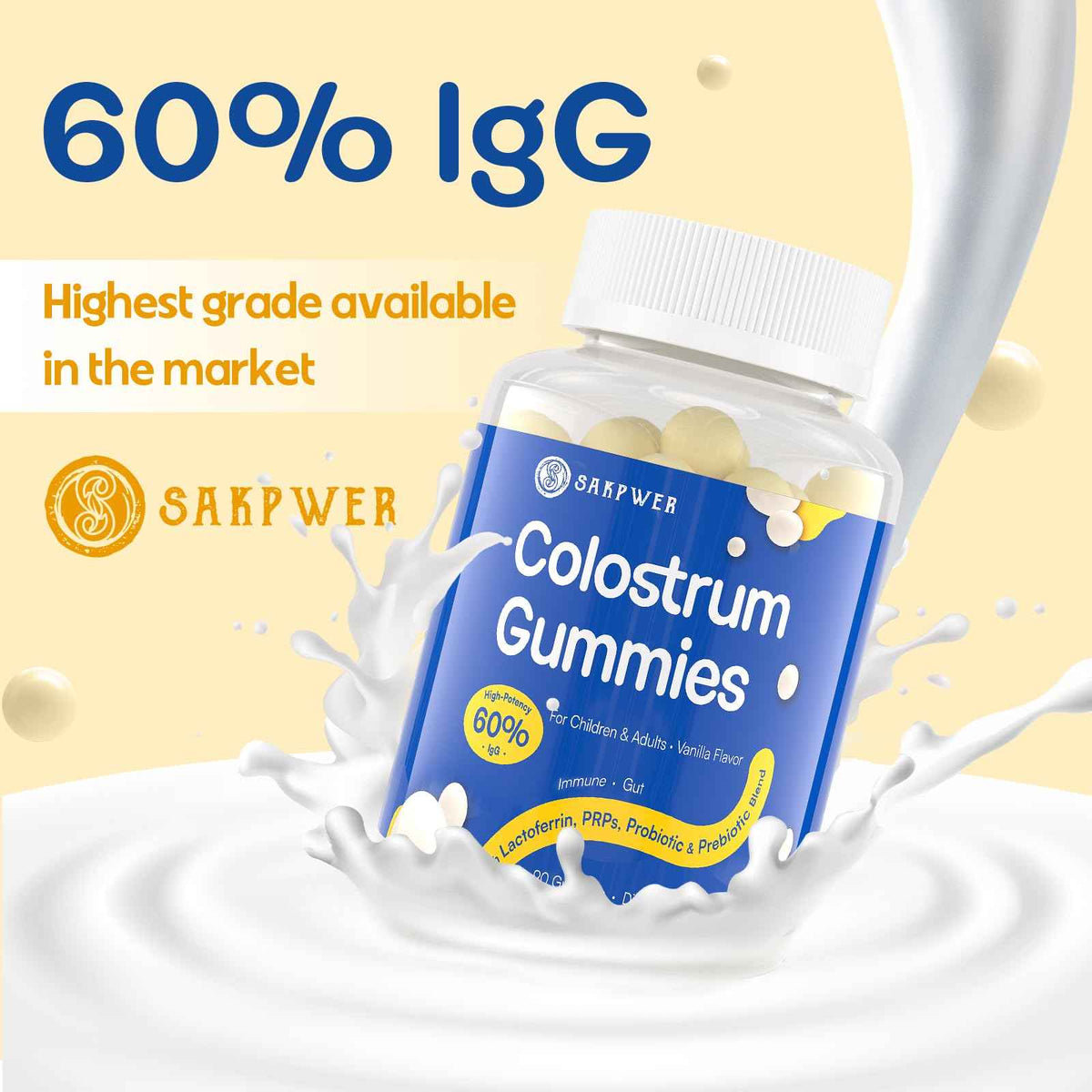Sakpwer Bovine Colostrum Supplement Gummies - with 60% Highest IgG, Lactoferrin, Probiotics and Prebiotics for Adults and Kids