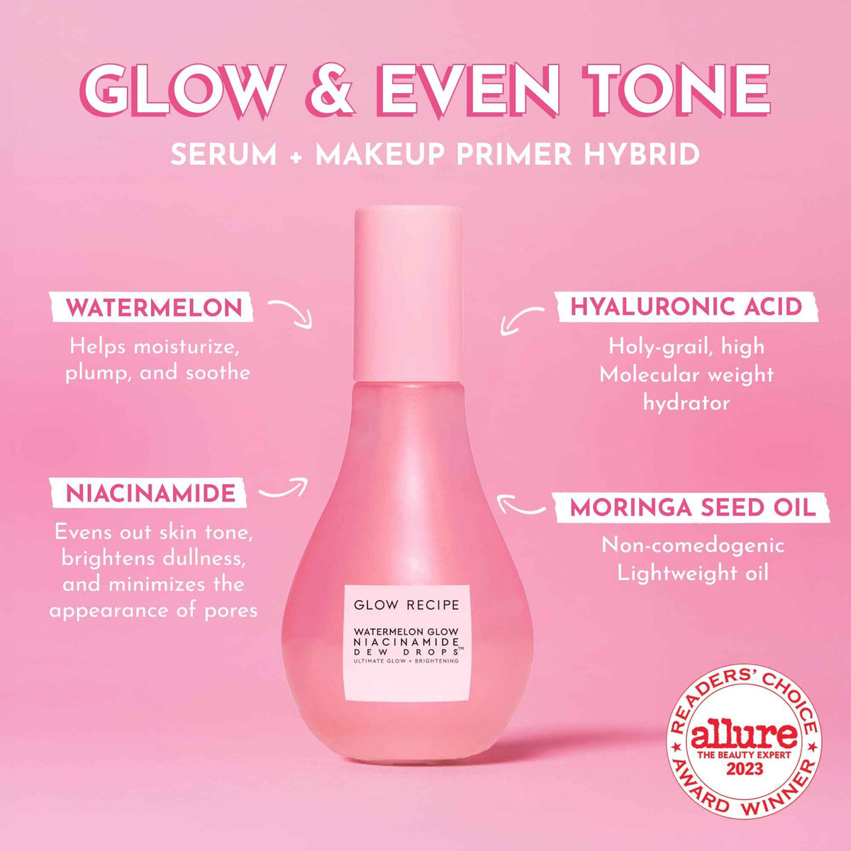 Glow Recipe Watermelon Niacinamide Dew Drops - Brightening, Plumping Hydrating Face Serum, Makeup Primer + Liquid Highlighter with Hyaluronic Acid